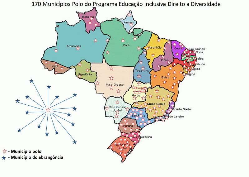 Um mapa do Brasil est representado. Cada estado possui uma cor diferente e sobre eles foram aplicadas pequenas estrelas, de contorno vermelho, que representam o nmero aproximado de municpios polo por Estado: TO 4, AL 3, BA 10, CE 6, MA 5, PB 7, PE 4, PI 5, RN 5, SE 2, DF 1, GO 7, MS 5, MT 5, ES 4, MG 19, RJ 6, SP 17, PR 8, RS 14, SC 10. Ao lado do Mapa est uma representao onde uma estrela vermelha est circundada e ligada a vrias estrelas azuis, representando o polo e sua funo de formao para com os municpios de abrangncia.